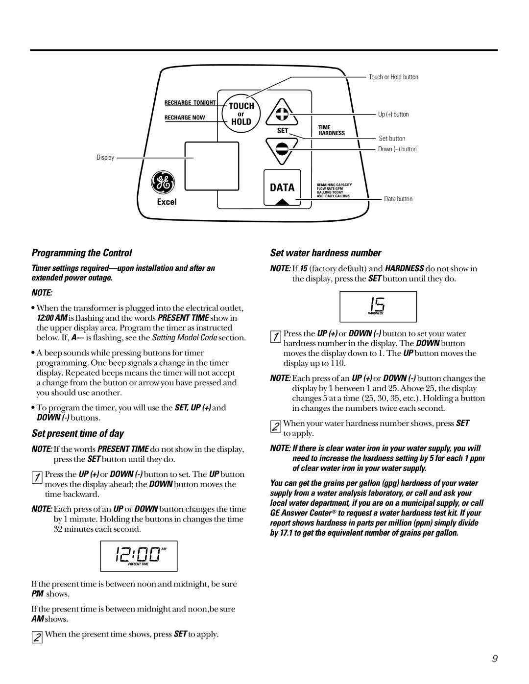 GE GNSF48A01, GNSF39A01 Programming the Control, Set present time of day, Set water hardness number 