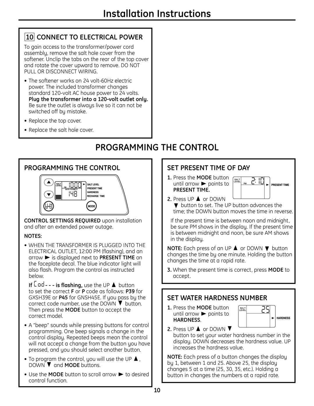 GE GNSH45E Connect to Electrical Power, Programming the Control, SET Present Time of DAY, SET Water Hardness Number 