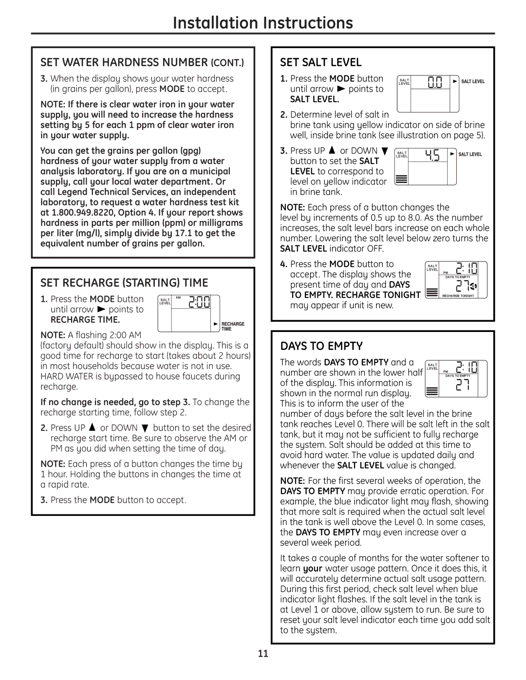 GE GXSH39E, GNSH45E installation instructions SET Recharge Starting Time, SET Salt Level, Days to Empty 