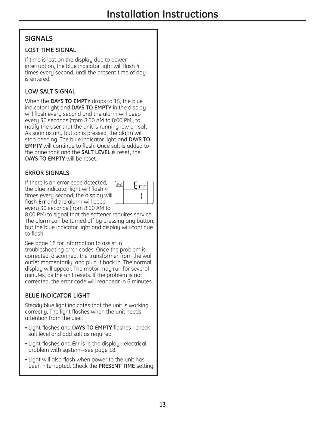 GE GXSH39E, GNSH45E installation instructions Lost Time Signal, LOW Salt Signal, Error Signals, Blue Indicator Light 