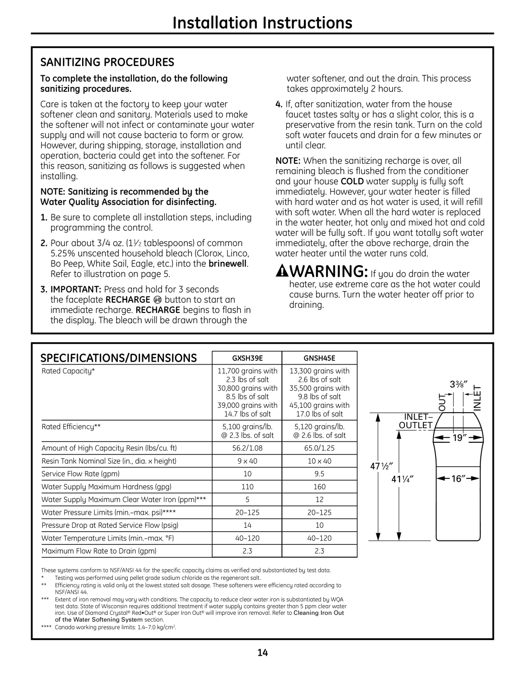 GE GNSH45E, GXSH39E Sanitizing Procedures, Important Press and hold for 3 seconds, 19″ 471⁄2″ 411⁄4″ 16″ 