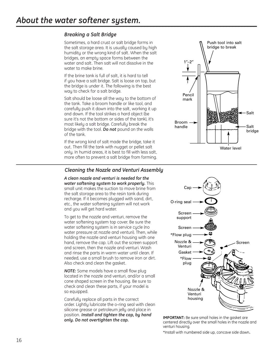 GE GNSH45E, GXSH39E installation instructions Breaking a Salt Bridge, Cleaning the Nozzle and Venturi Assembly 