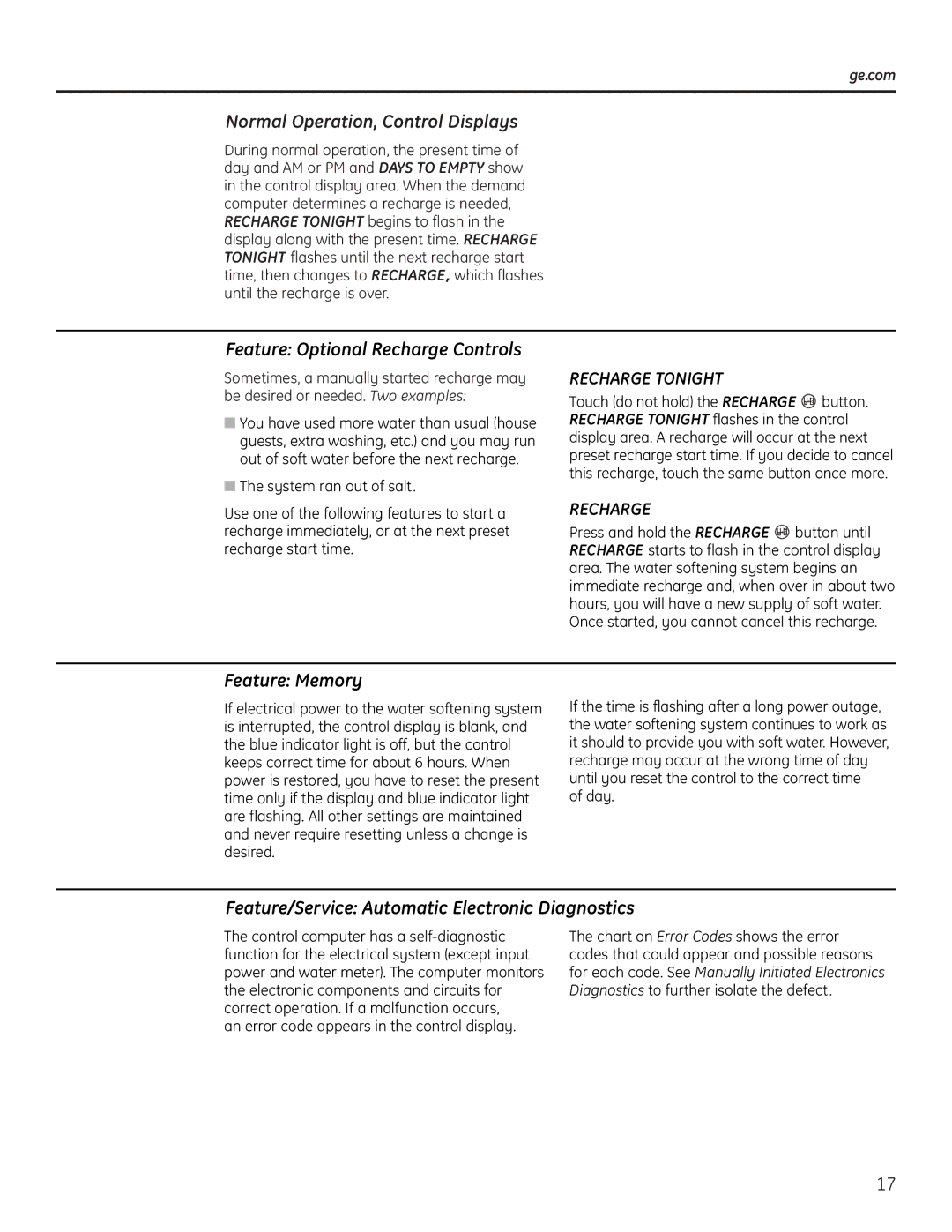 GE GXSH39E, GNSH45E Normal Operation, Control Displays, Feature Optional Recharge Controls, Feature Memory, Ge.com 