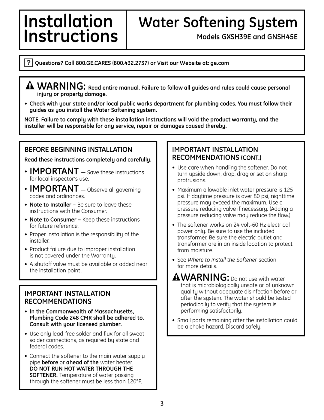 GE GXSH39E, GNSH45E installation instructions Before Beginning Installation, Important Installation Recommendations 