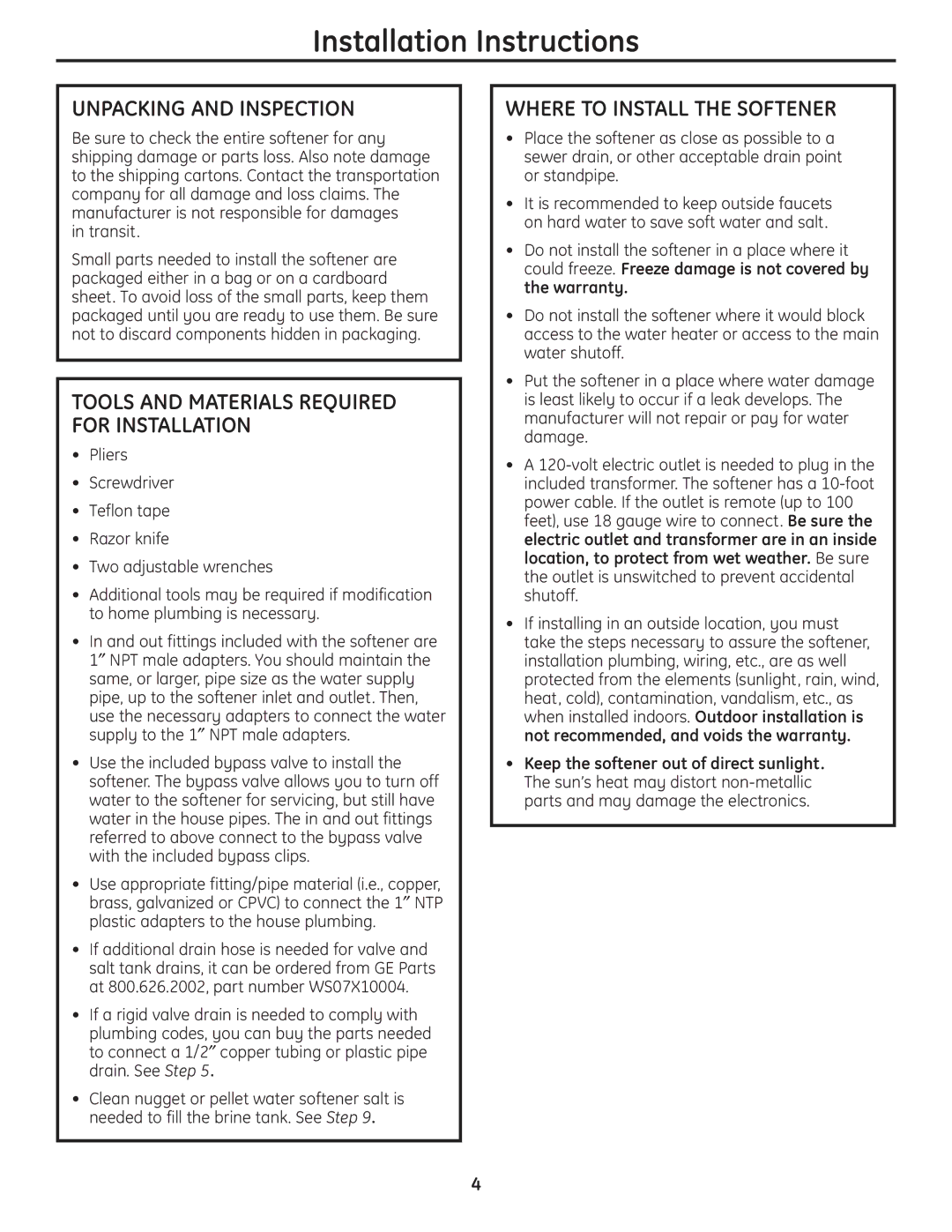 GE GNSH45E, GXSH39E installation instructions Unpacking and Inspection, Where to Install the Softener, Transit 