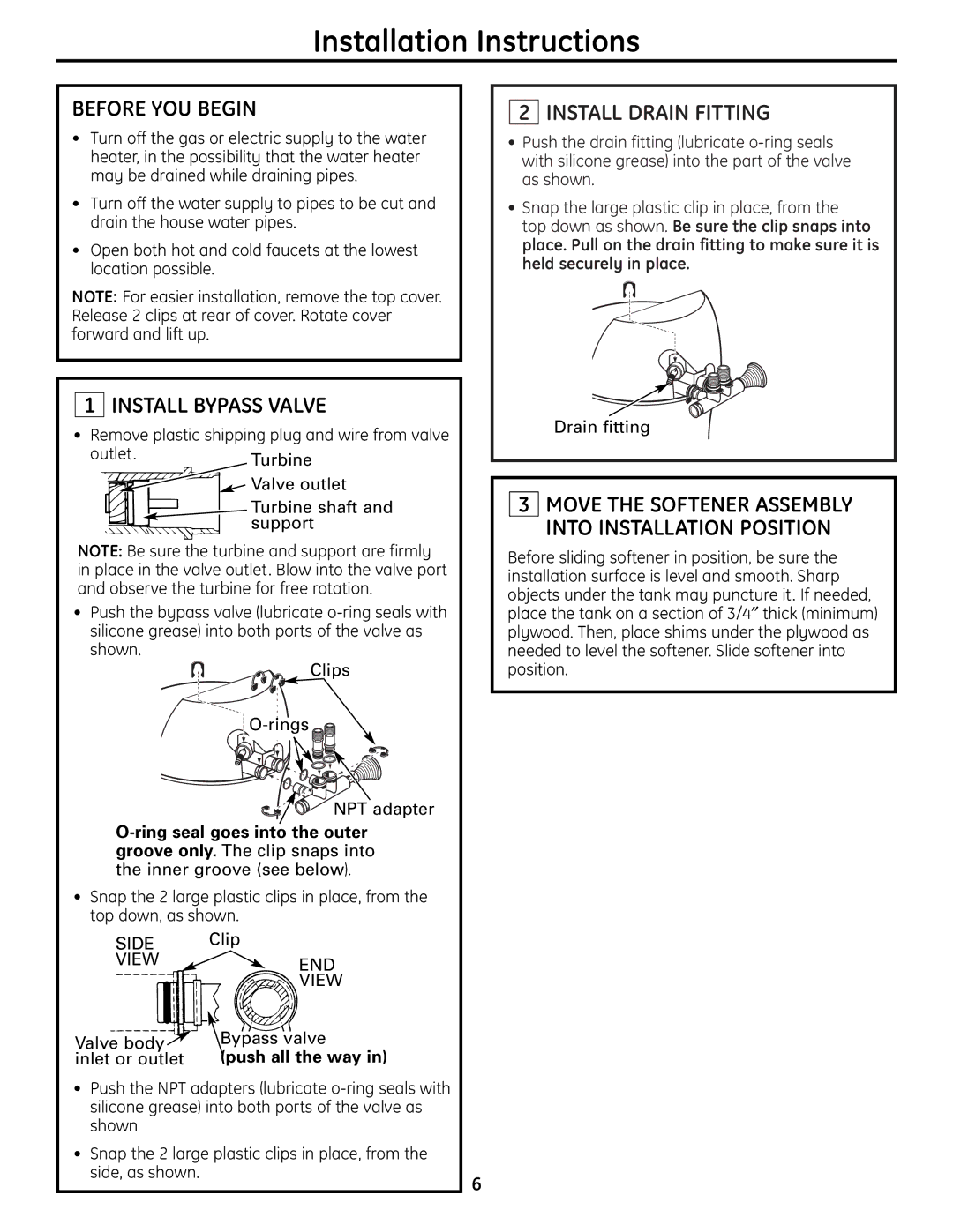 GE GNSH45E, GXSH39E Before YOU Begin, Install Bypass Valve, Install Drain Fitting, Push all the way 