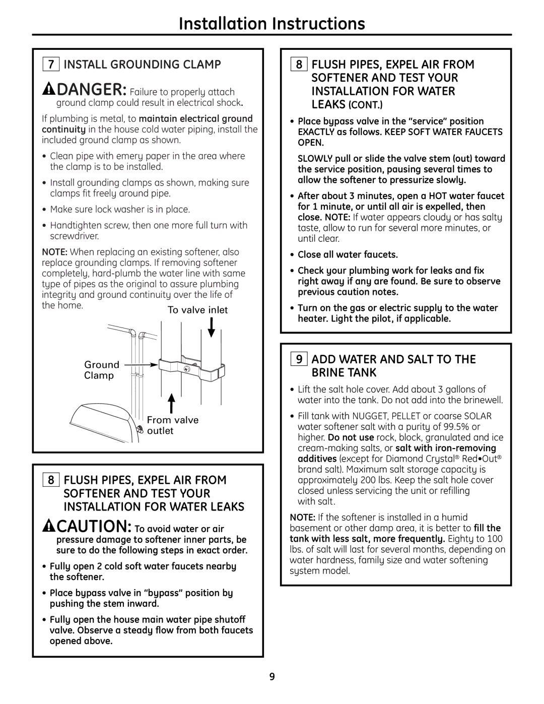 GE GXSH39E, GNSH45E installation instructions Install Grounding Clamp, ADD Water and Salt to the Brine Tank, With salt 