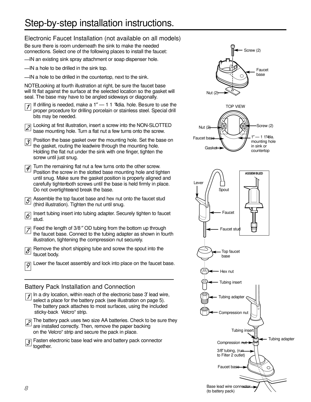 GE GN1S15CBL (REV. 2) Electronic Faucet Installation not available on all models, Battery Pack Installation and Connection 