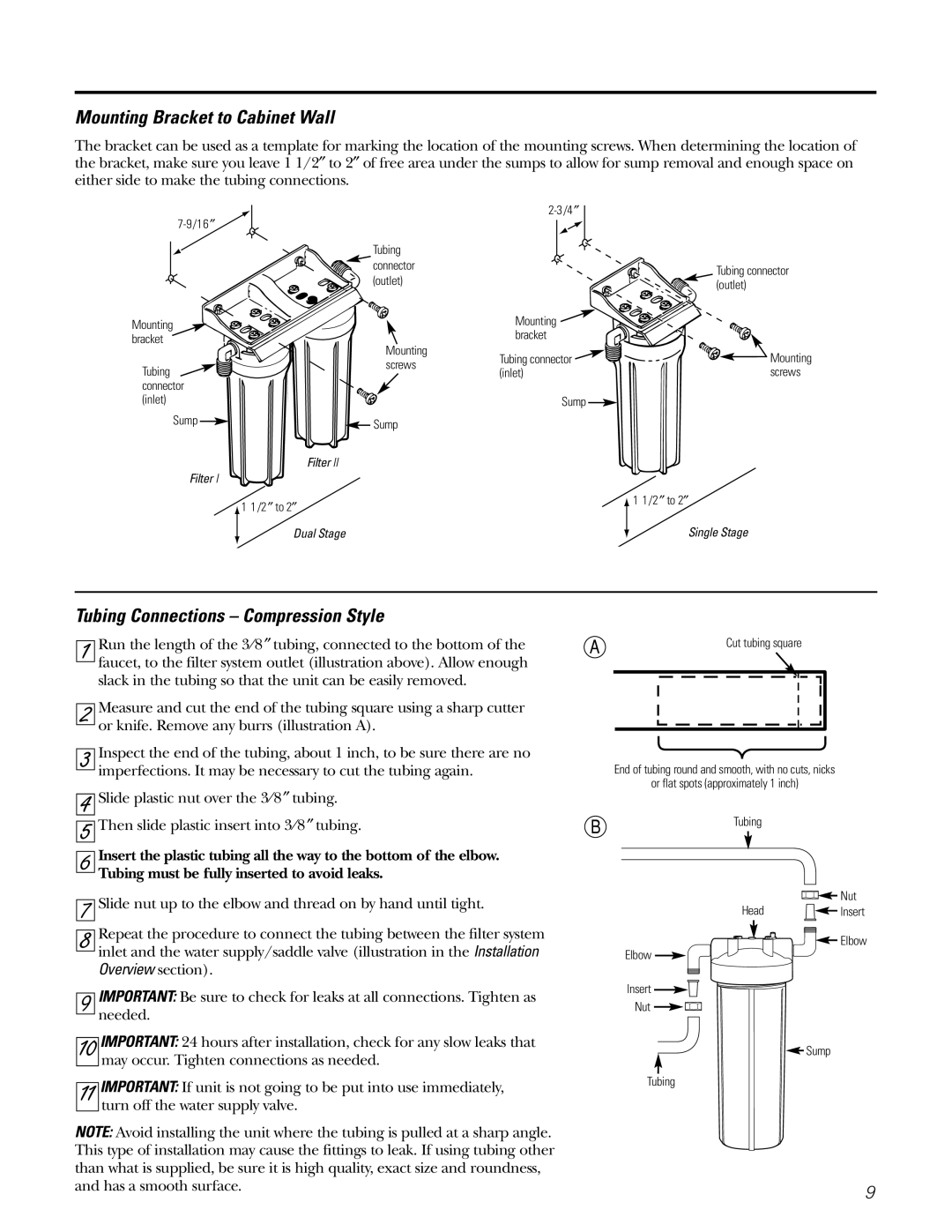 GE GNSL05CBL (REV. 2), GNSV30CCC, GNSV25CBL Mounting Bracket to Cabinet Wall, Tubing Connections Compression Style 