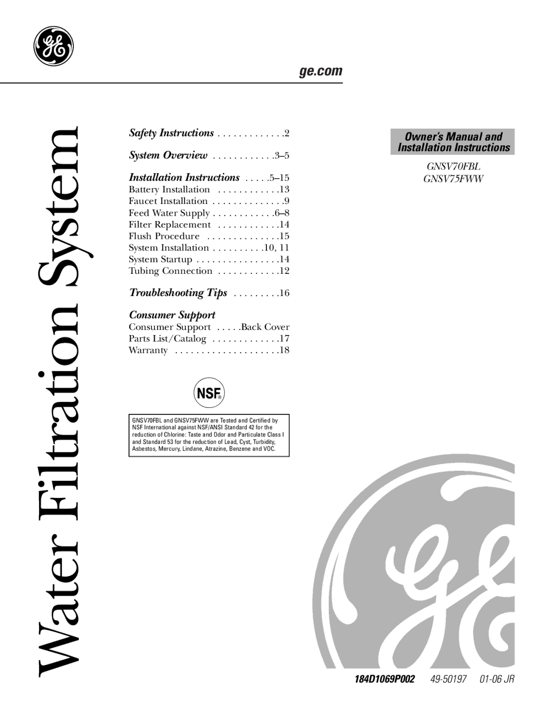 GE GNSV70FBL owner manual Water Filtration System, 184D1069P002 