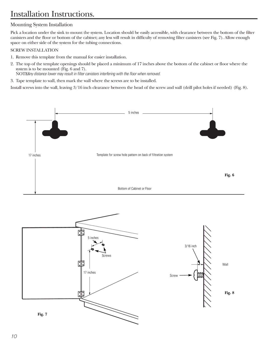 GE GNSV70FBL owner manual Mounting System Installation, Screw Installation 