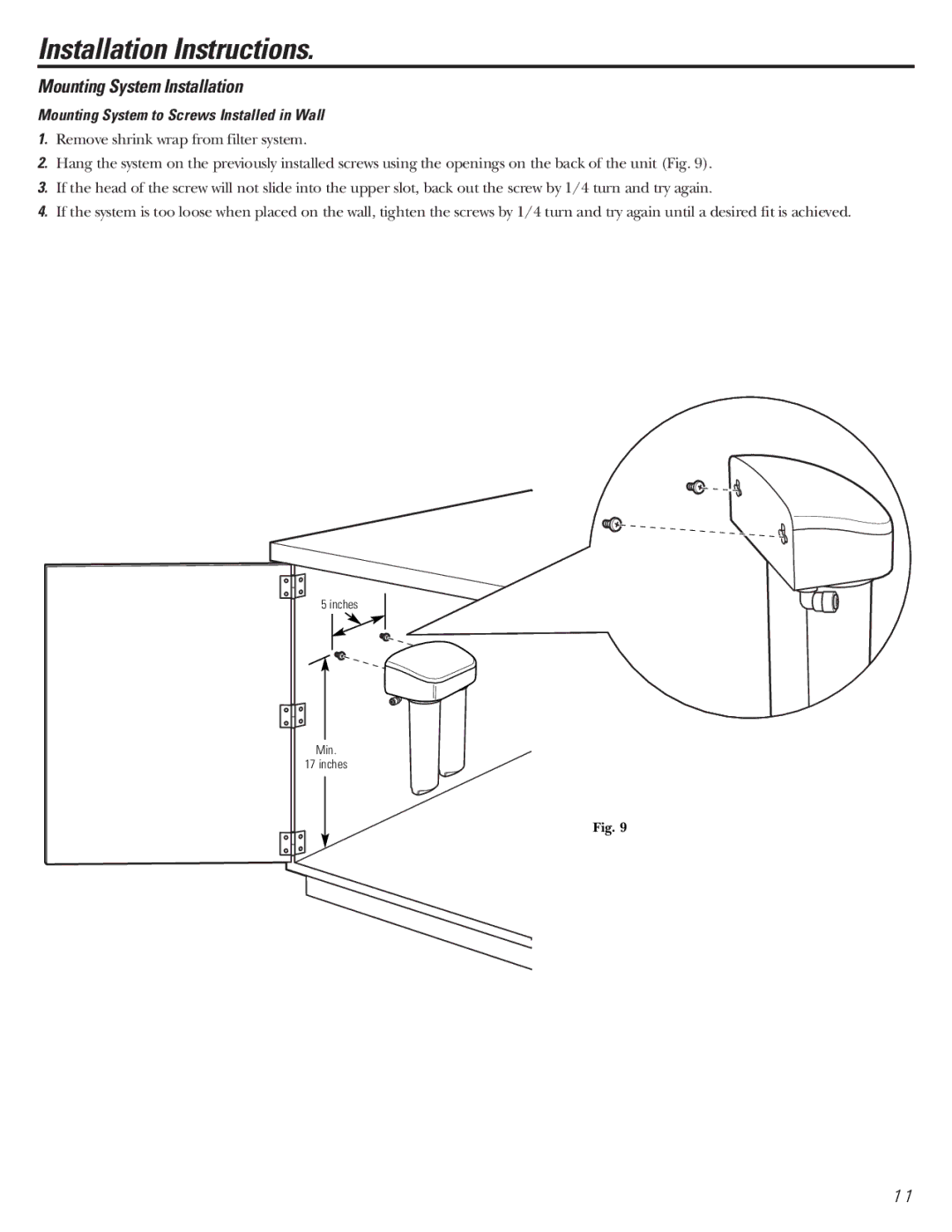 GE GNSV70FBL owner manual Mounting System to Screws Installed in Wall 