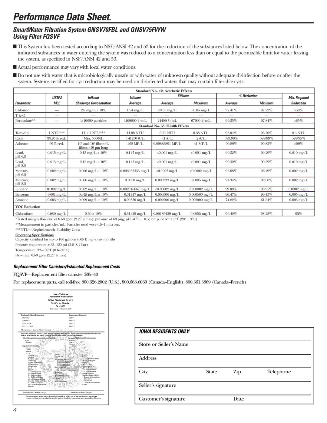 GE GNSV70FBL owner manual Performance Data Sheet, Iowa Residents only 