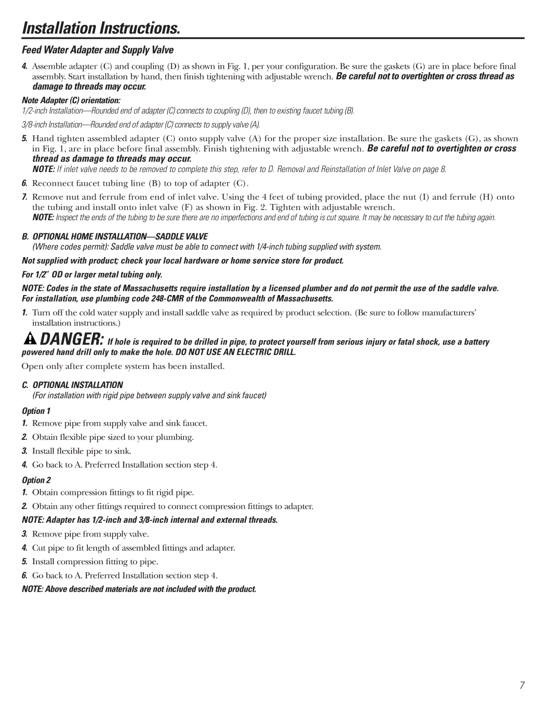 GE GNSV70FBL owner manual Optional Home INSTALLATION-SADDLE Valve, Optional Installation 