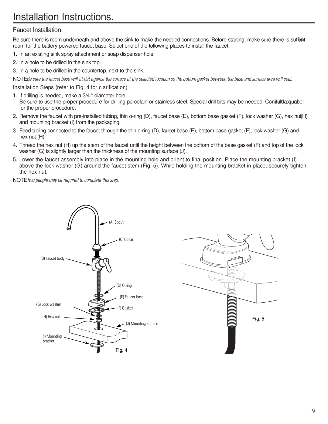 GE GNSV70FBL owner manual Faucet Installation, Installation Steps refer to for clarification 