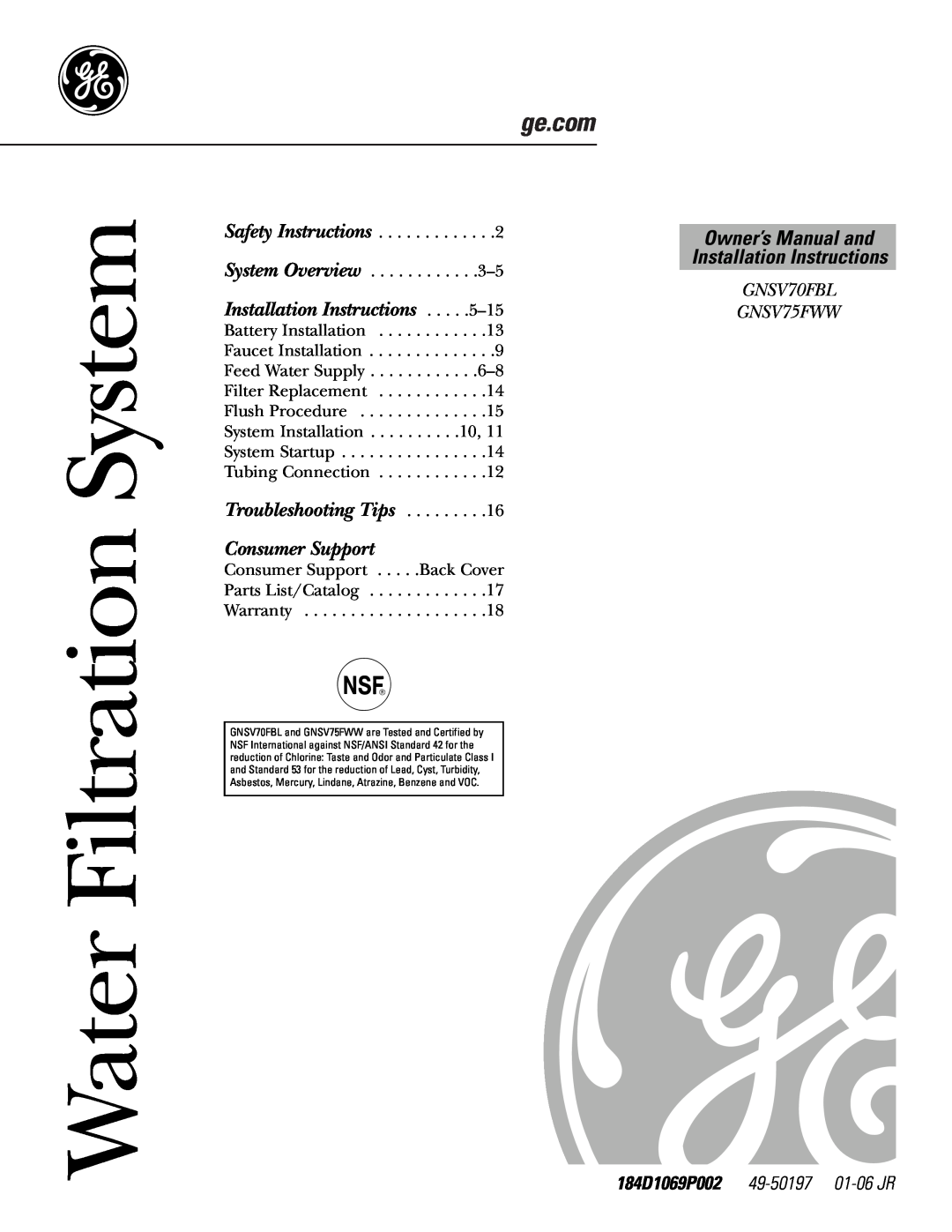 GE GNSV70FBL owner manual 184D1069P002, Installation Instructions, Water Filtration System, Safety Instructions, GNSV75FWW 