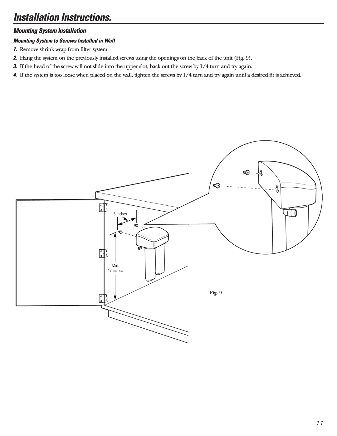 GE GNSV70FBL Installation Instructions, Mounting System Installation, Mounting System to Screws Installed in Wall 