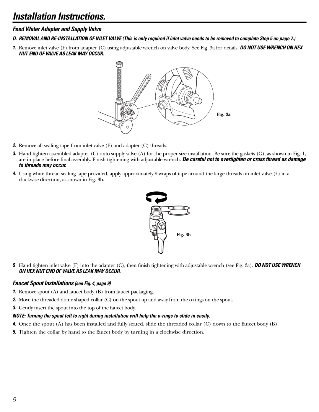 GE GNSV70FBL Faucet Spout Installations see , page, Installation Instructions, Feed Water Adapter and Supply Valve 