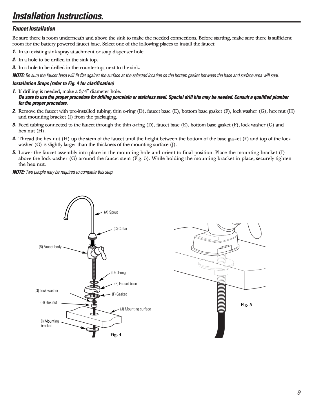 GE GNSV70FBL owner manual Faucet Installation, Installation Instructions 