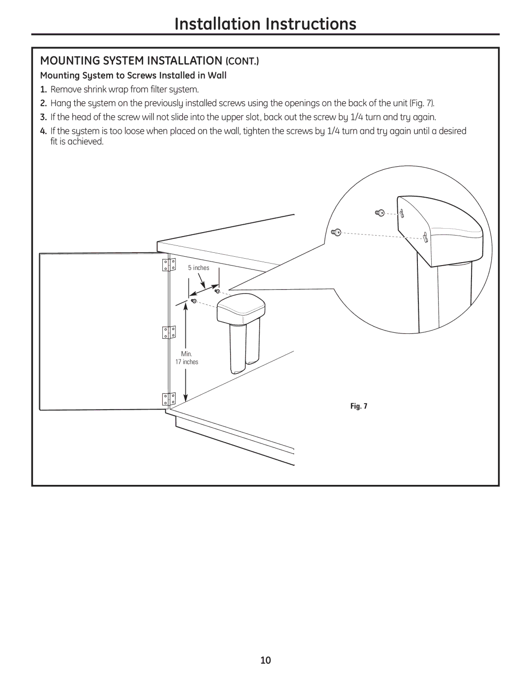 GE GNSV70RBL, GNSV75RWW owner manual Mounting System to Screws Installed in Wall 