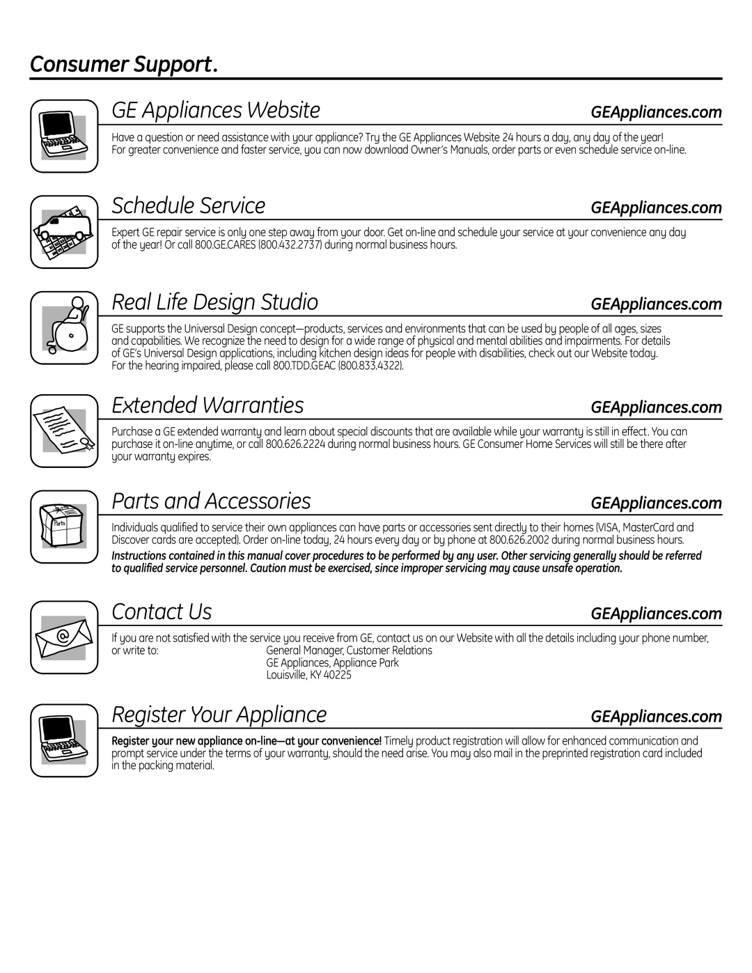 GE GNSV70RBL Consumer Support GE Appliances Website, Schedule Service, Real Life Design Studio, Extended Warranties 