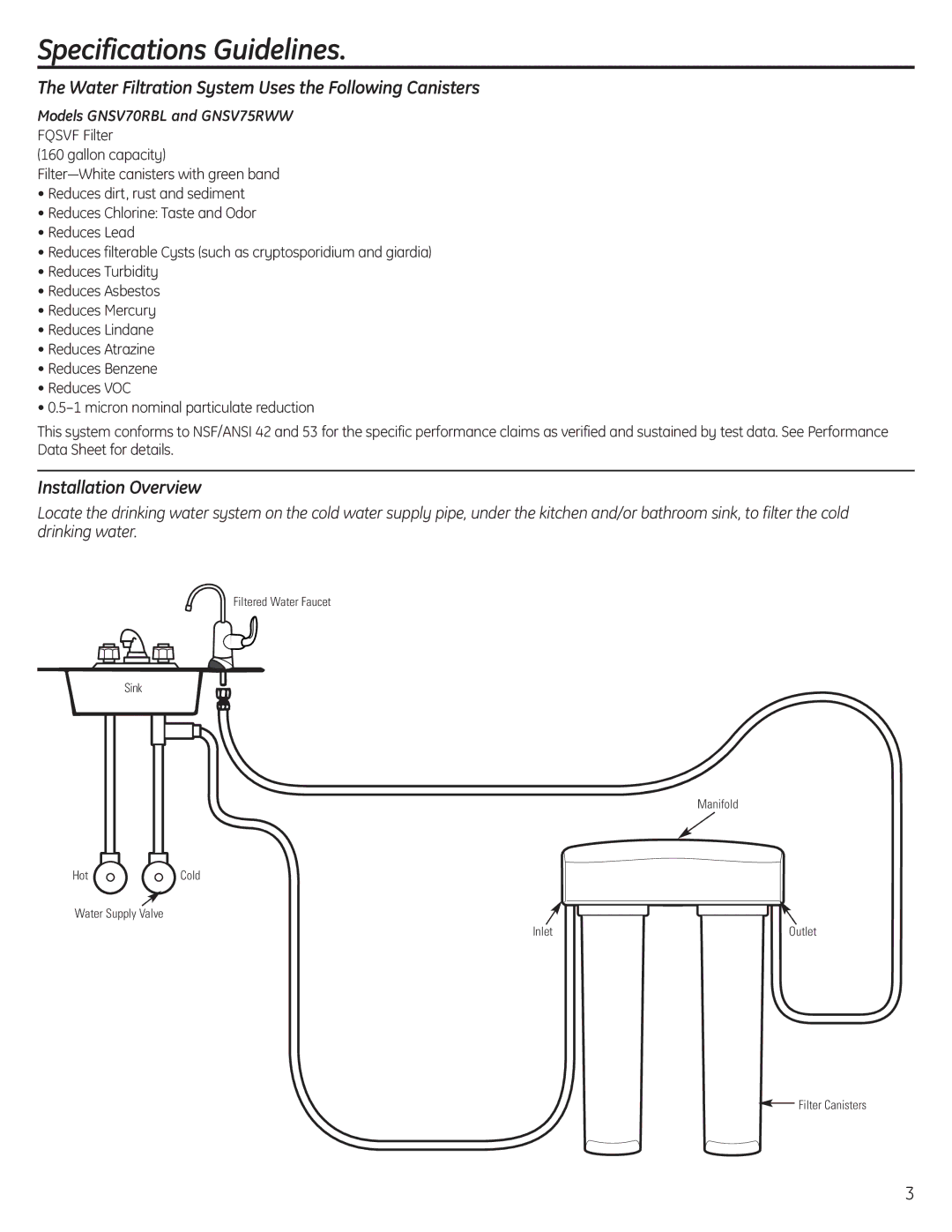 GE GNSV75RWW, GNSV70RBL owner manual Specifications Guidelines, Water Filtration System Uses the Following Canisters 