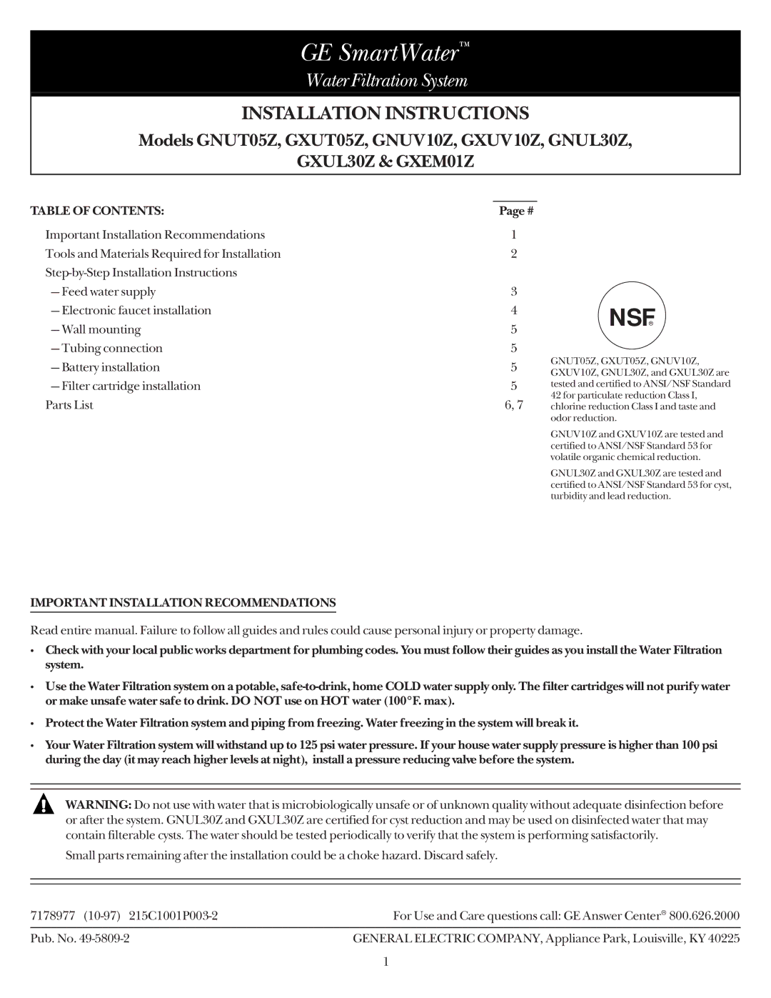 GE GNUL30Z installation instructions Table of Contents, Important Installation Recommendations 