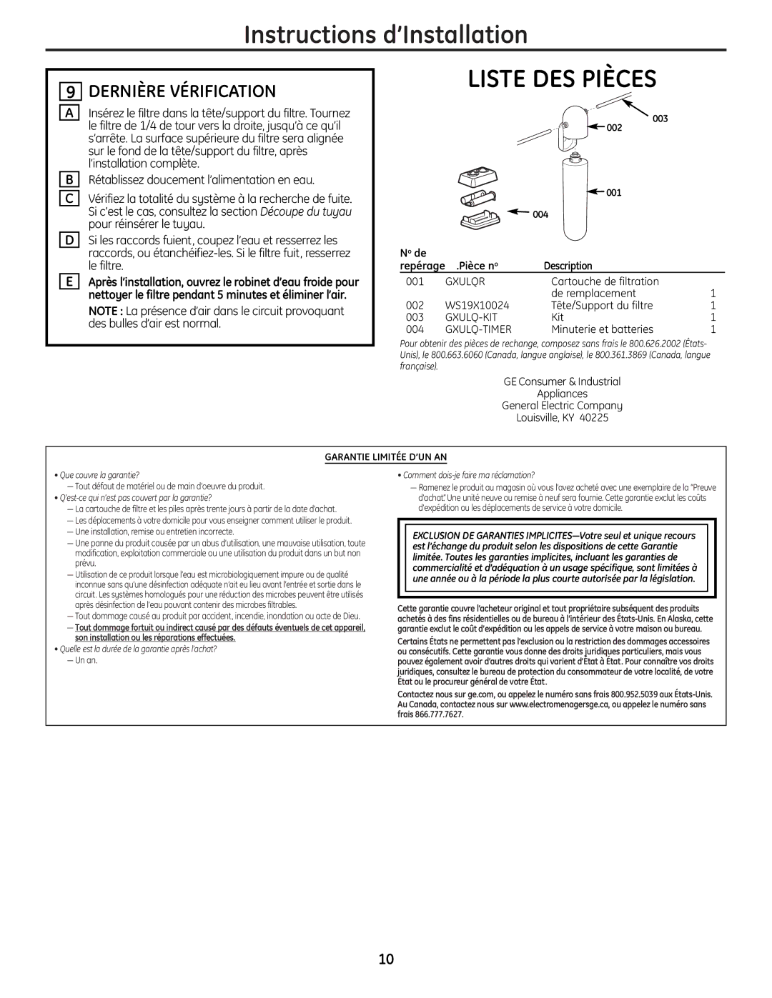 GE GNULQ, GXULQ installation instructions Liste DES Pièces, Dernière Vérification 