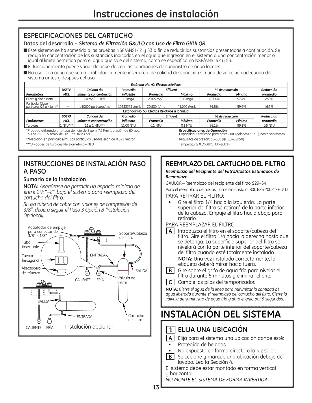 GE GXULQ, GNULQ Instrucciones de instalación, Instalación DEL Sistema, Especificaciones DEL Cartucho, Elija UNA Ubicación 