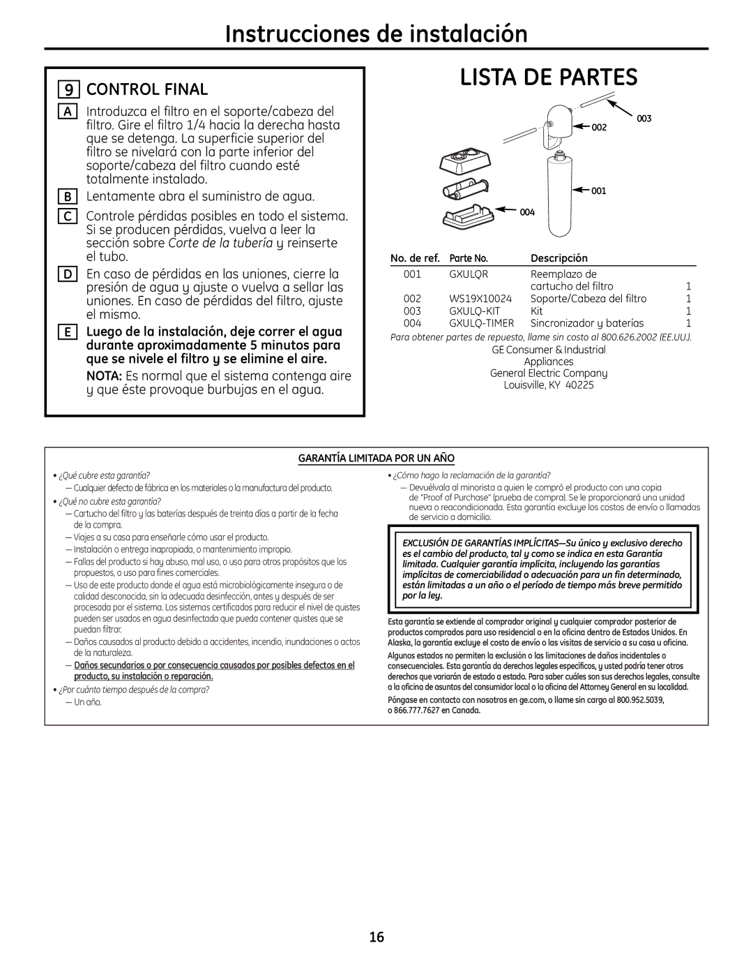 GE GNULQ, GXULQ installation instructions Lista DE Partes, Control Final 