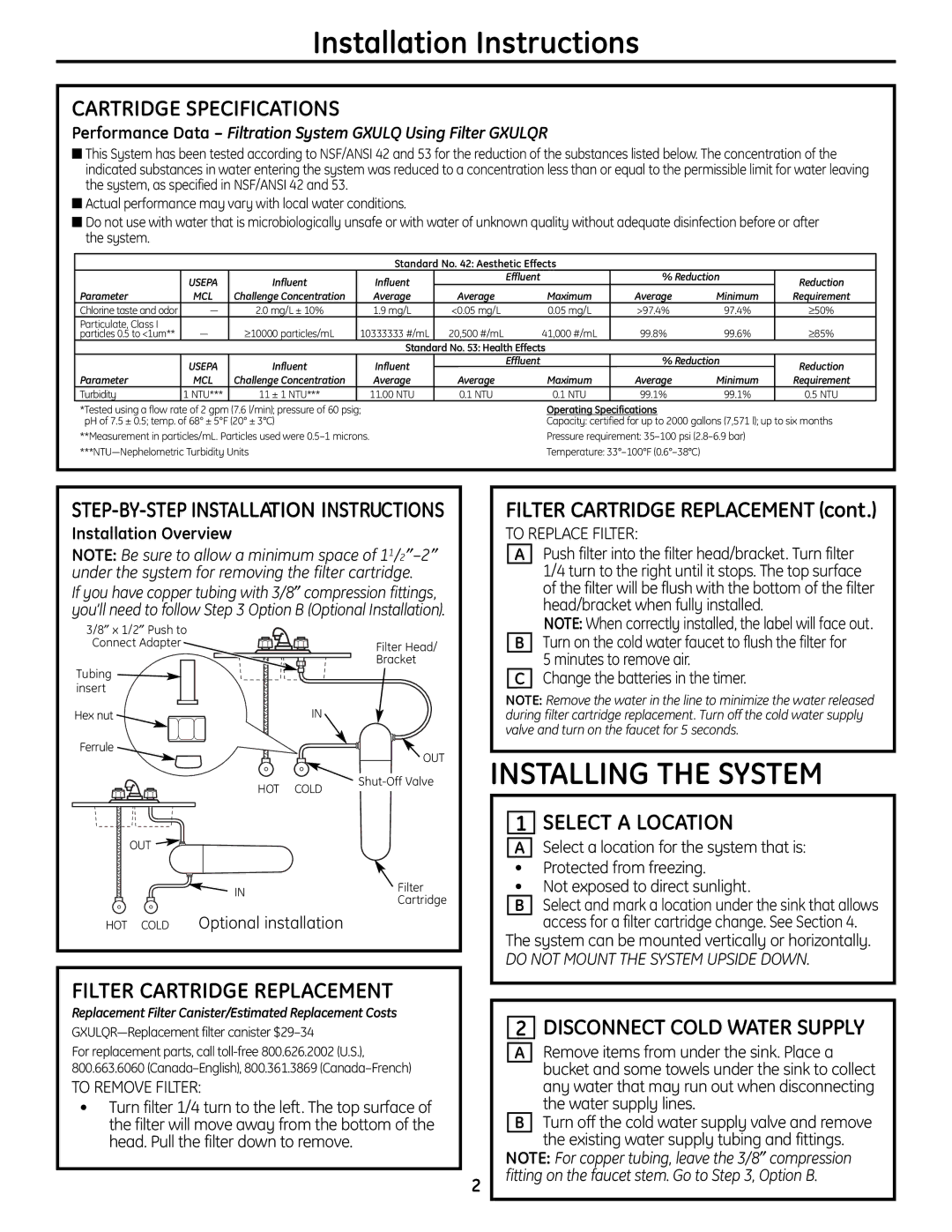 GE GNULQ, GXULQ installation instructions Installation Instructions, Installing the System 