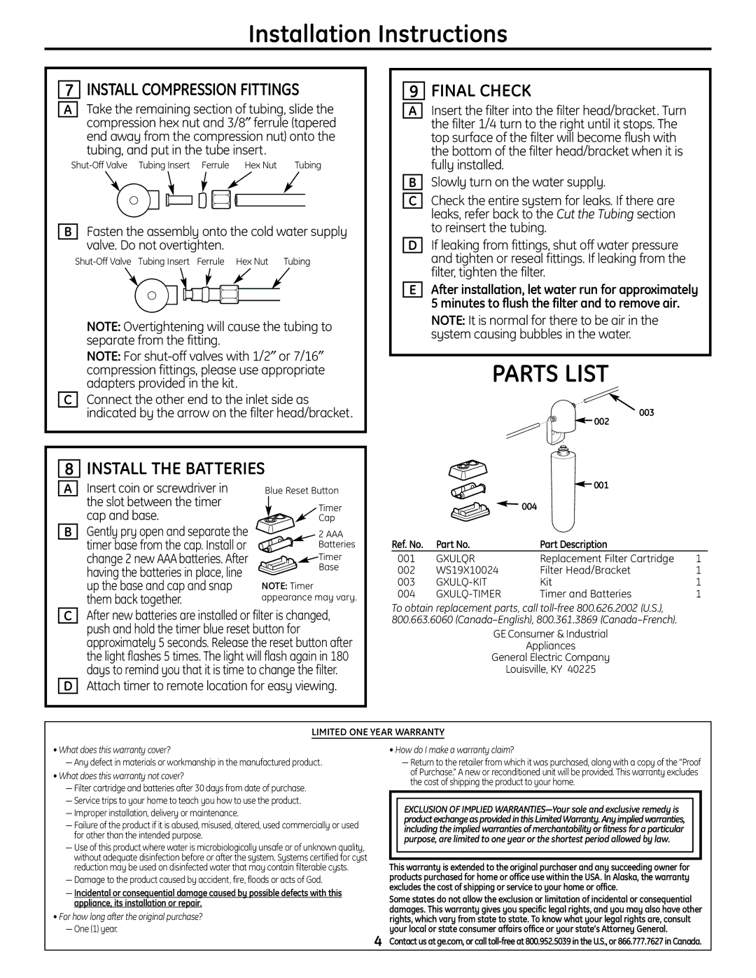 GE GNULQ, GXULQ installation instructions Parts List, Install Compression Fittings, Final Check, Install the Batteries 