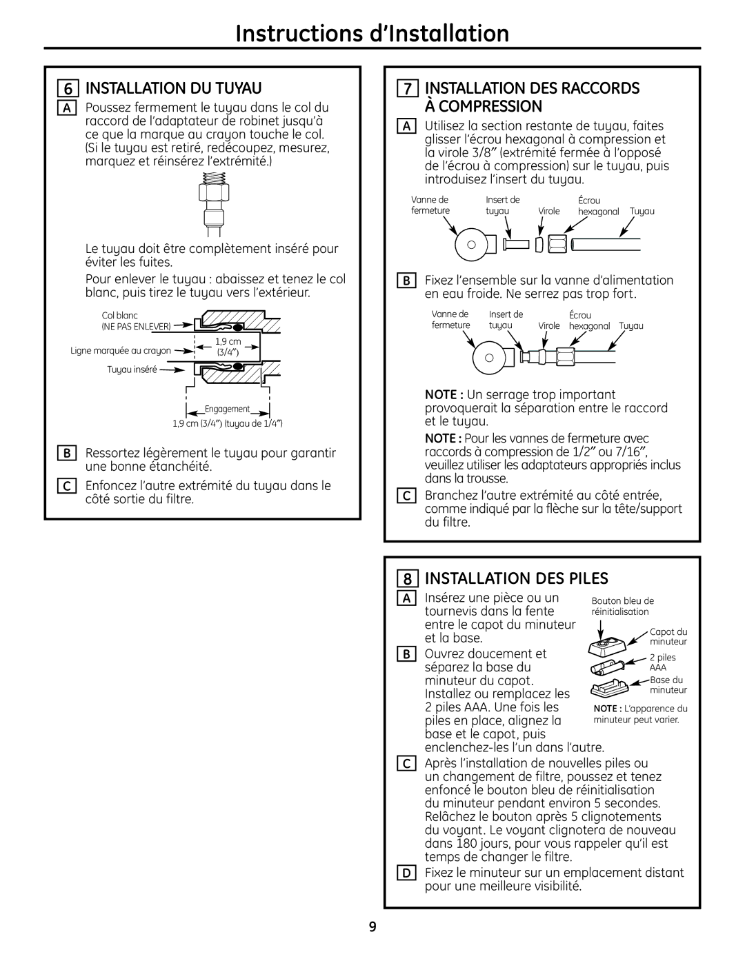 GE GXULQ, GNULQ installation instructions Installation DU Tuyau, Installation DES Piles 