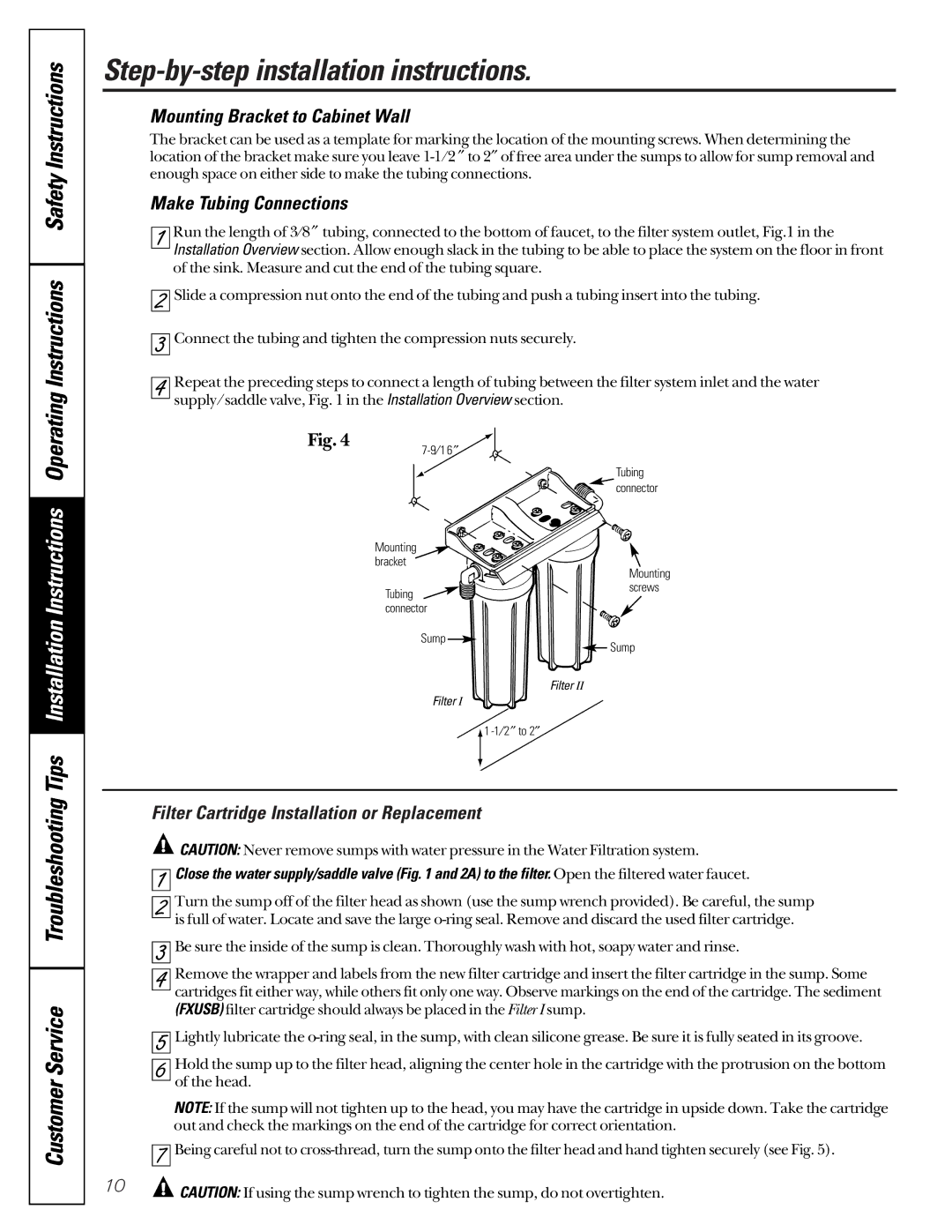 GE GNUT03B Mounting Bracket to Cabinet Wall, Make Tubing Connections, Filter Cartridge Installation or Replacement 