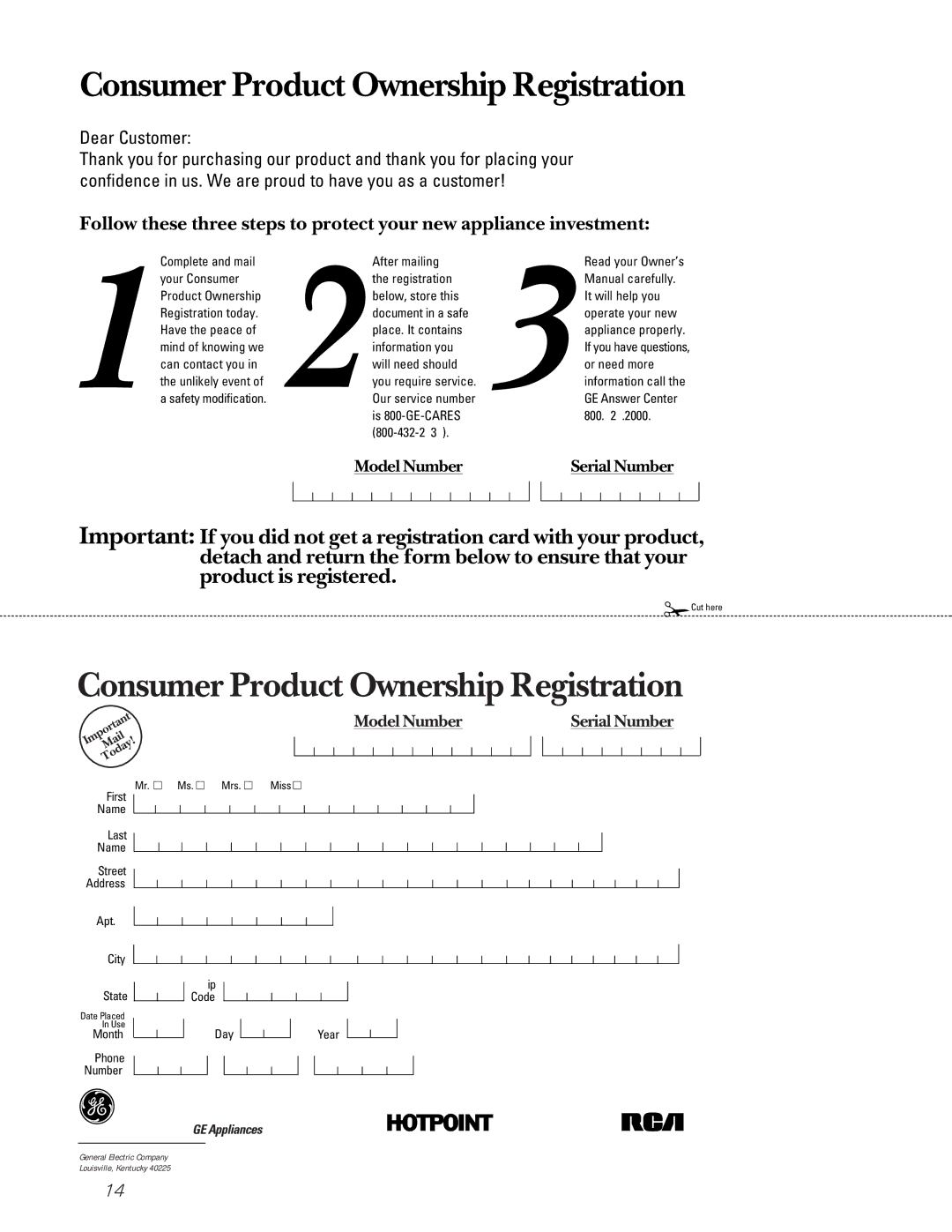 GE GNUT03B, GXUT03B owner manual Consumer Product Ownership Registration 