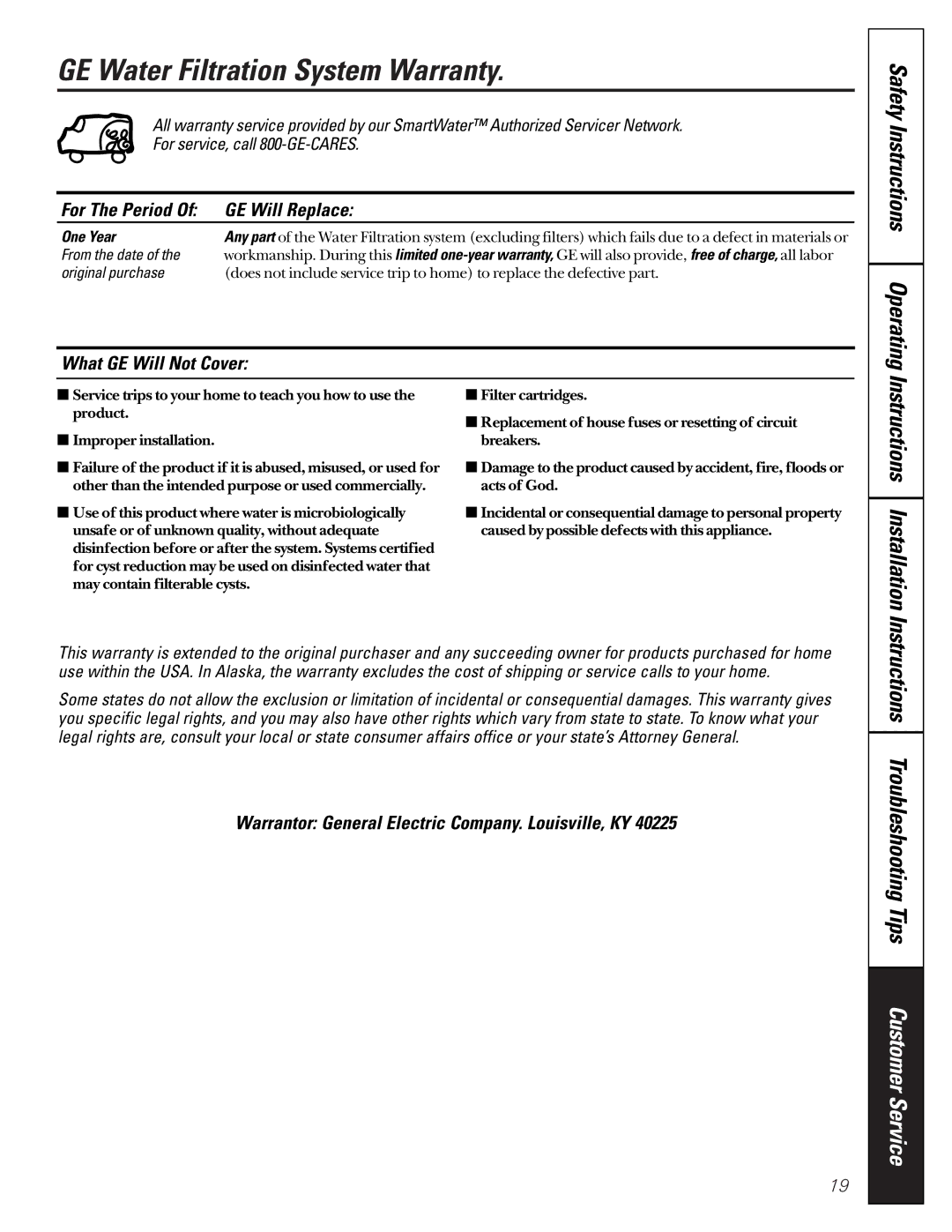 GE GXUT03B, GNUT03B owner manual GE Water Filtration System Warranty, For The Period GE Will Replace, What GE Will Not Cover 