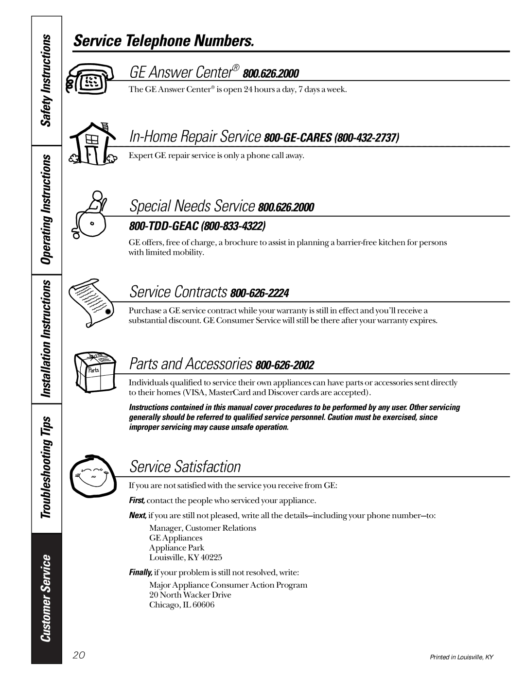 GE GNUT03B, GXUT03B owner manual Service Telephone Numbers, GE Answer Center 