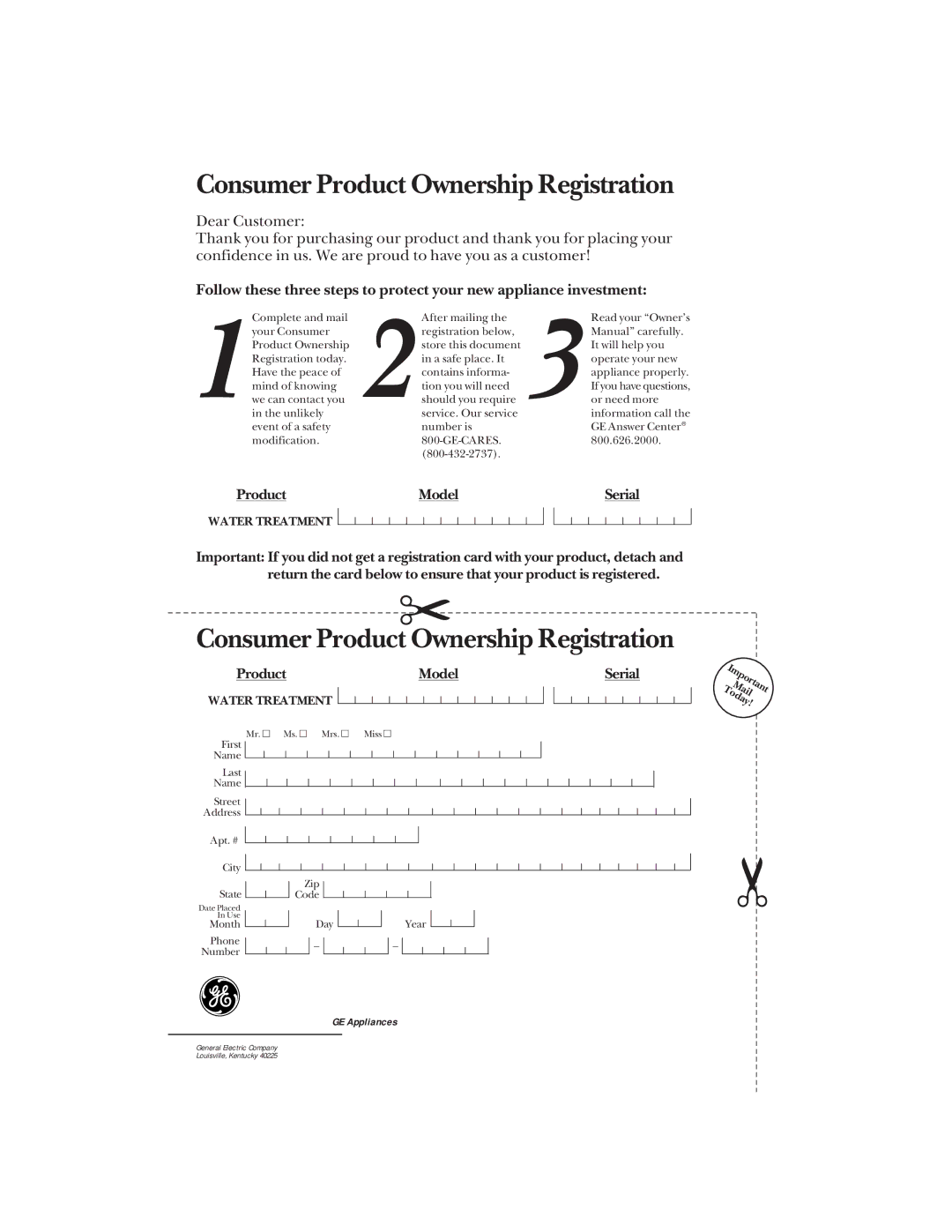 GE GNUT05Z01 owner manual Consumer Product Ownership Registration 