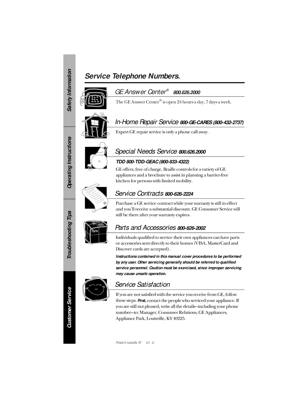 GE GNUT05Z01 owner manual Service Telephone Numbers, In-Home Repair Service 800-GE-CARES, TDD 800-TDD-GEAC 