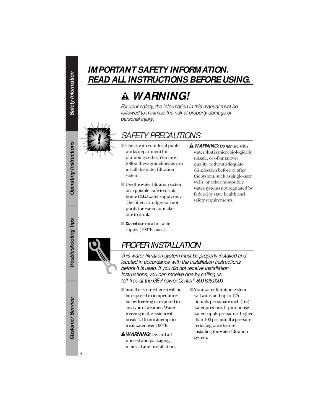 GE GNUT05Z01 owner manual Safety Precautions, Troubleshooting 