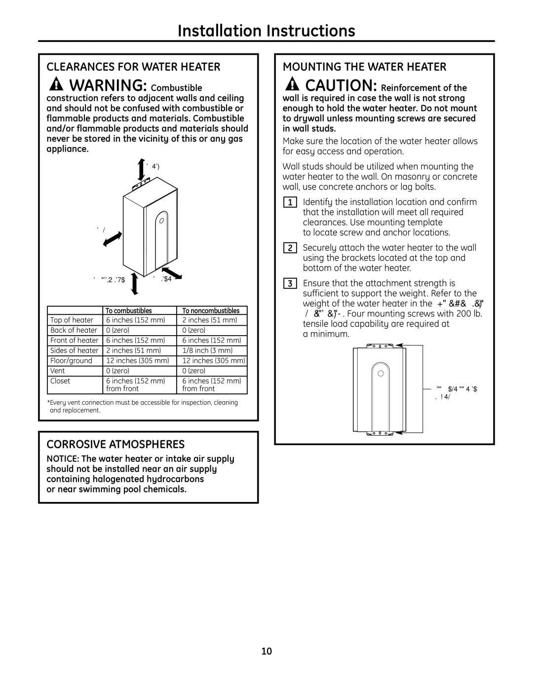 GE GN94DNSRSA, GP94DNSRSA, GN75DNSRSA warranty Clearances for Water Heater, Corrosive Atmospheres, Mounting the Water Heater 