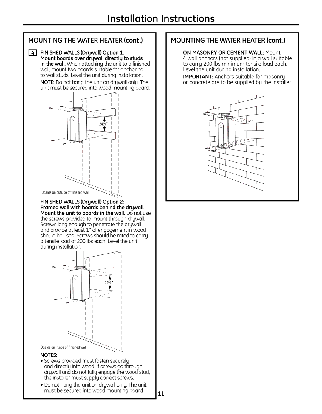 GE GN75DNSRSA, GP94DNSRSA, GN94DNSRSA warranty Mounting the Water Heater, Mounting the Waterheater 