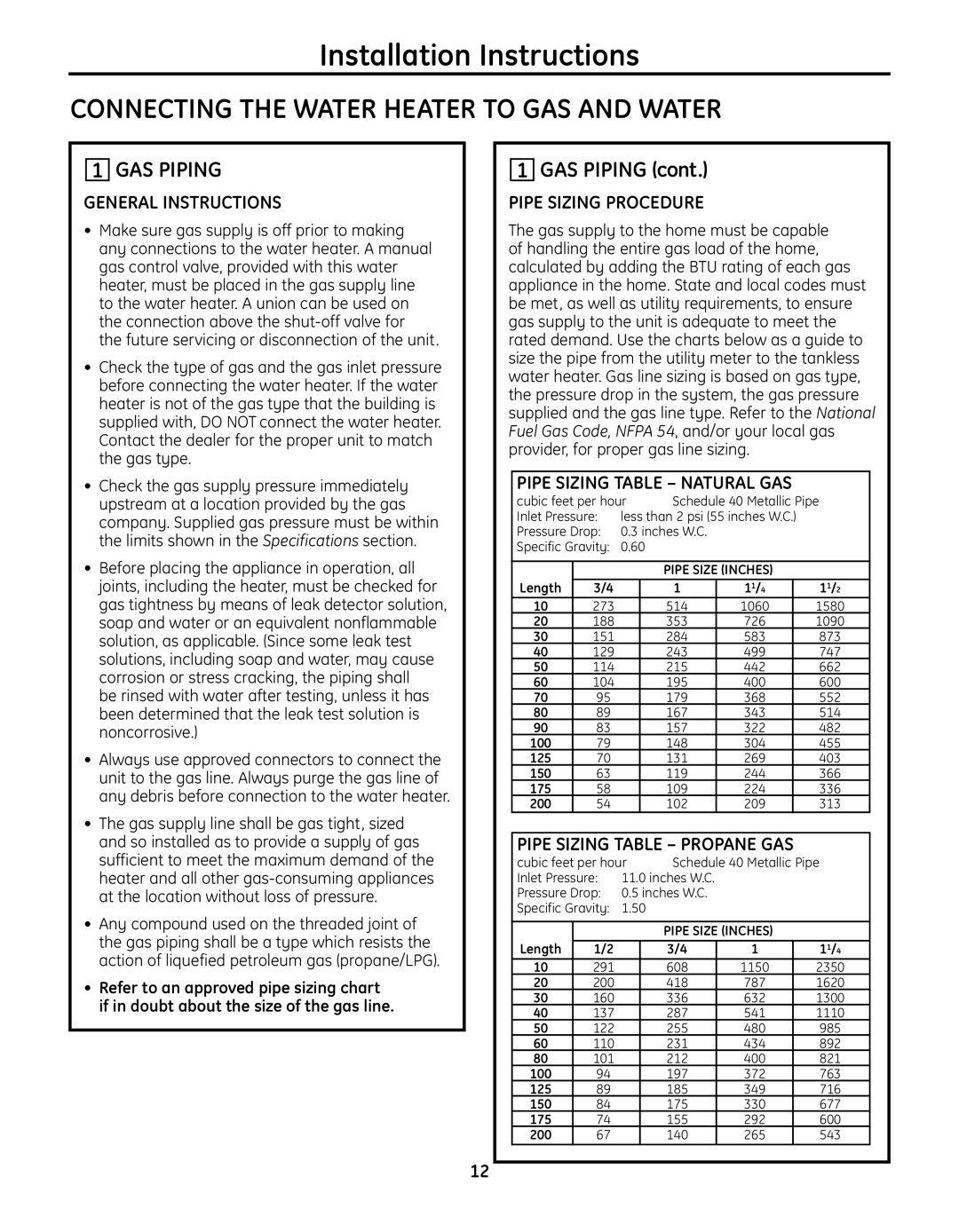 GE GP94DNSRSA, GN94DNSRSA, GN75DNSRSA warranty GAS Piping 