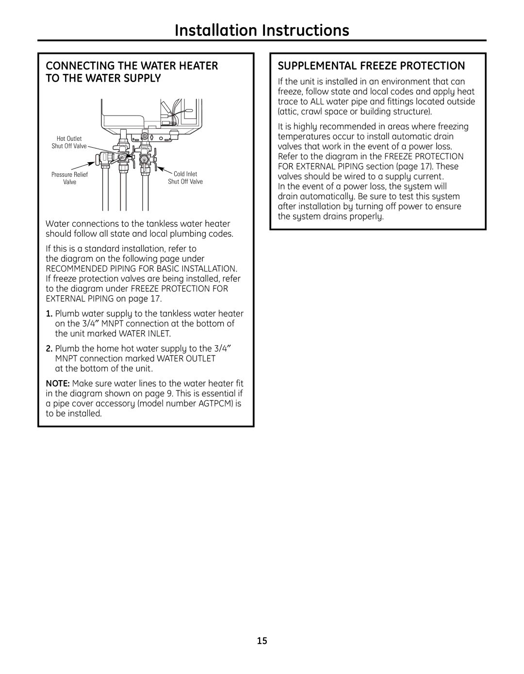 GE GP94DNSRSA, GN94DNSRSA, GN75DNSRSA Supplemental Freeze Protection, Connecting the Water Heater to the Water Supply 