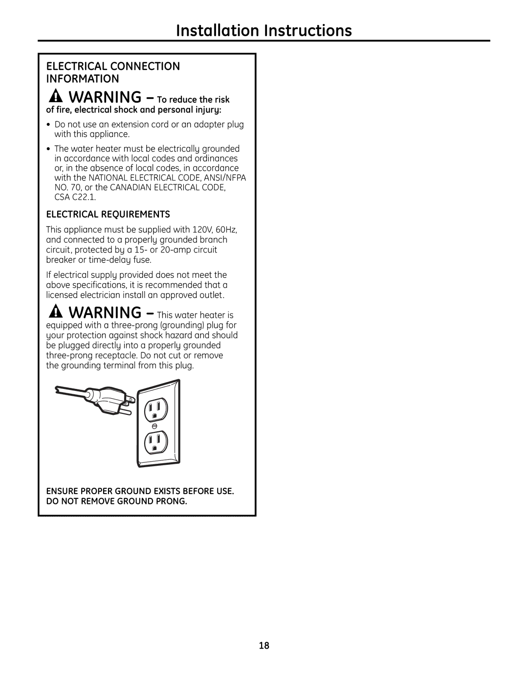 GE GP94DNSRSA, GN94DNSRSA, GN75DNSRSA warranty Electrical Connection Information, Electrical Requirements 