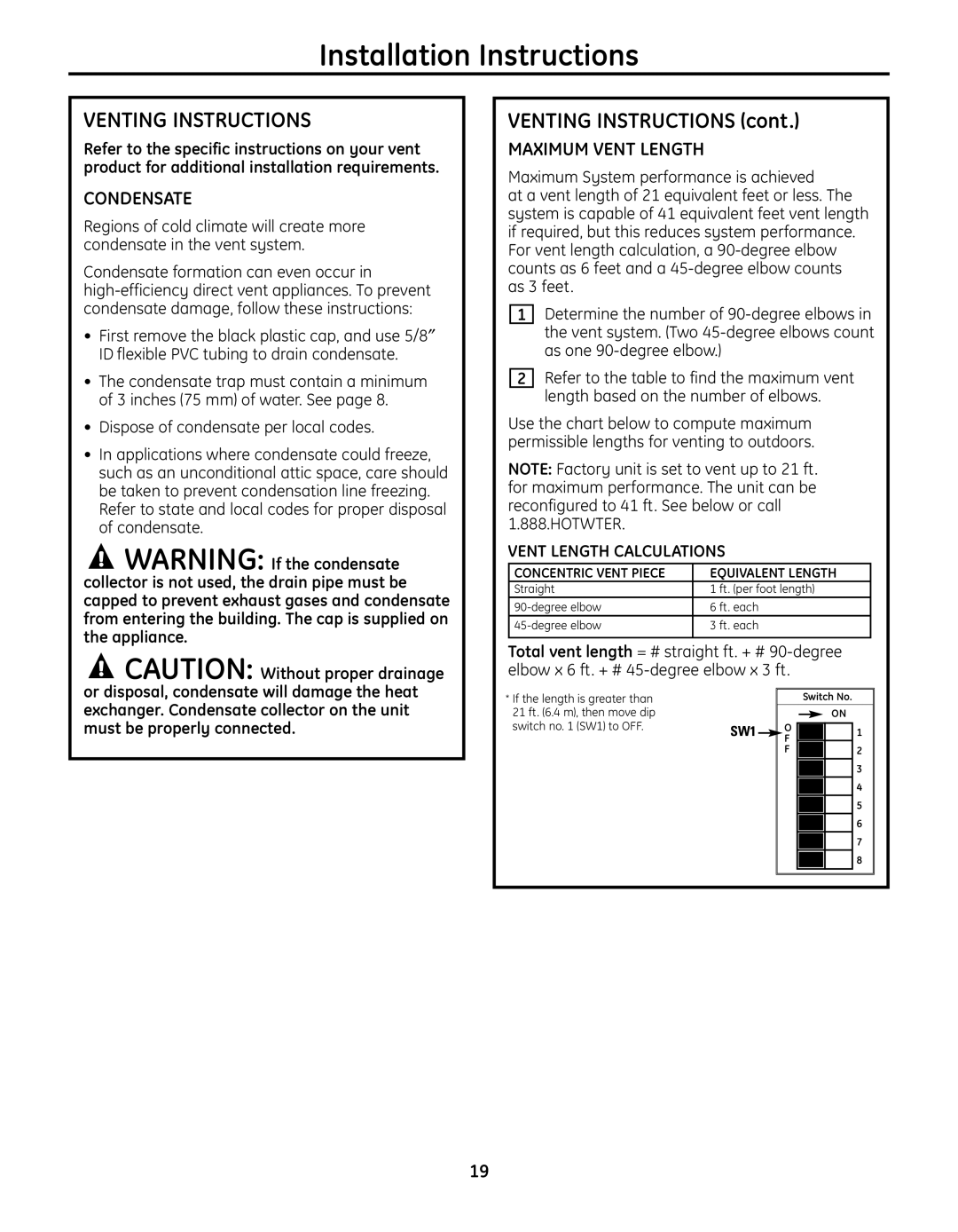 GE GN94DNSRSA, GP94DNSRSA, GN75DNSRSA Venting Instructions, Condensate, Maximum Vent Length, Vent Length Calculations 