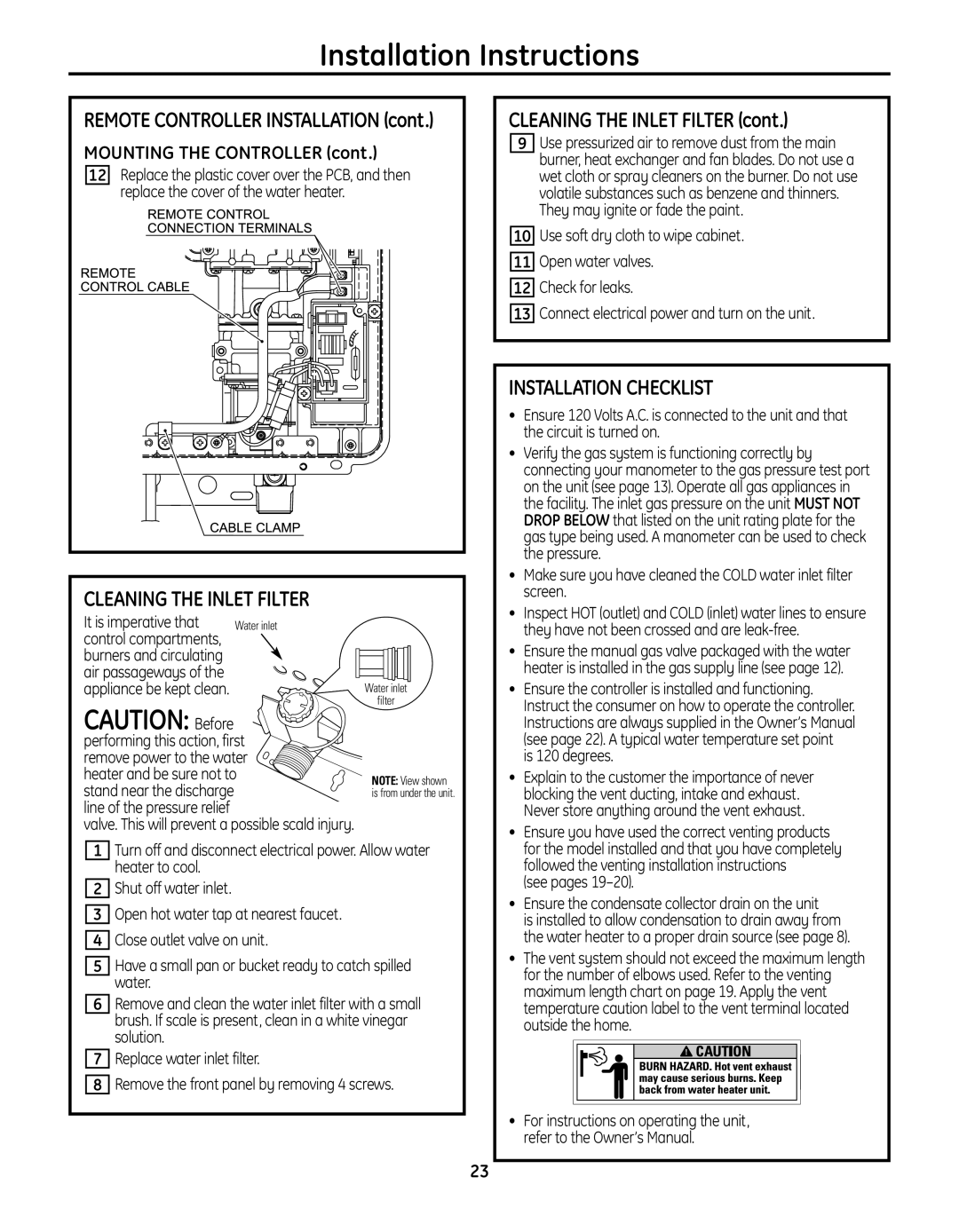 GE GN75DNSRSA, GP94DNSRSA, GN94DNSRSA warranty Cleaning the Inlet Filter, Installation Checklist 