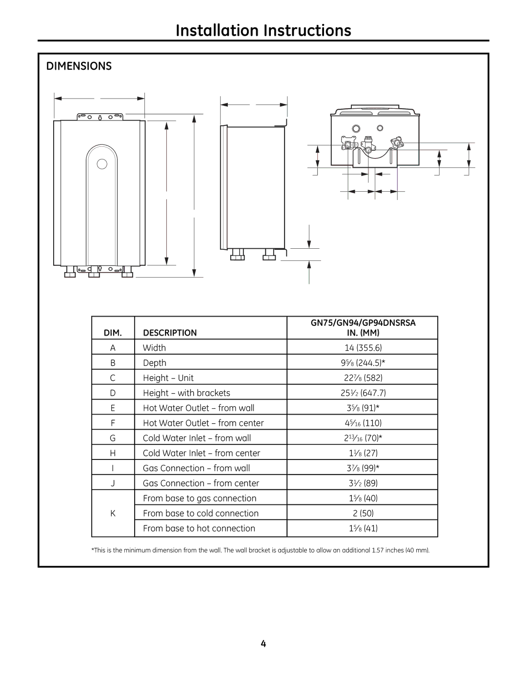 GE GN94DNSRSA, GN75DNSRSA warranty Dimensions, GN75/GN94/GP94DNSRSA, Description 