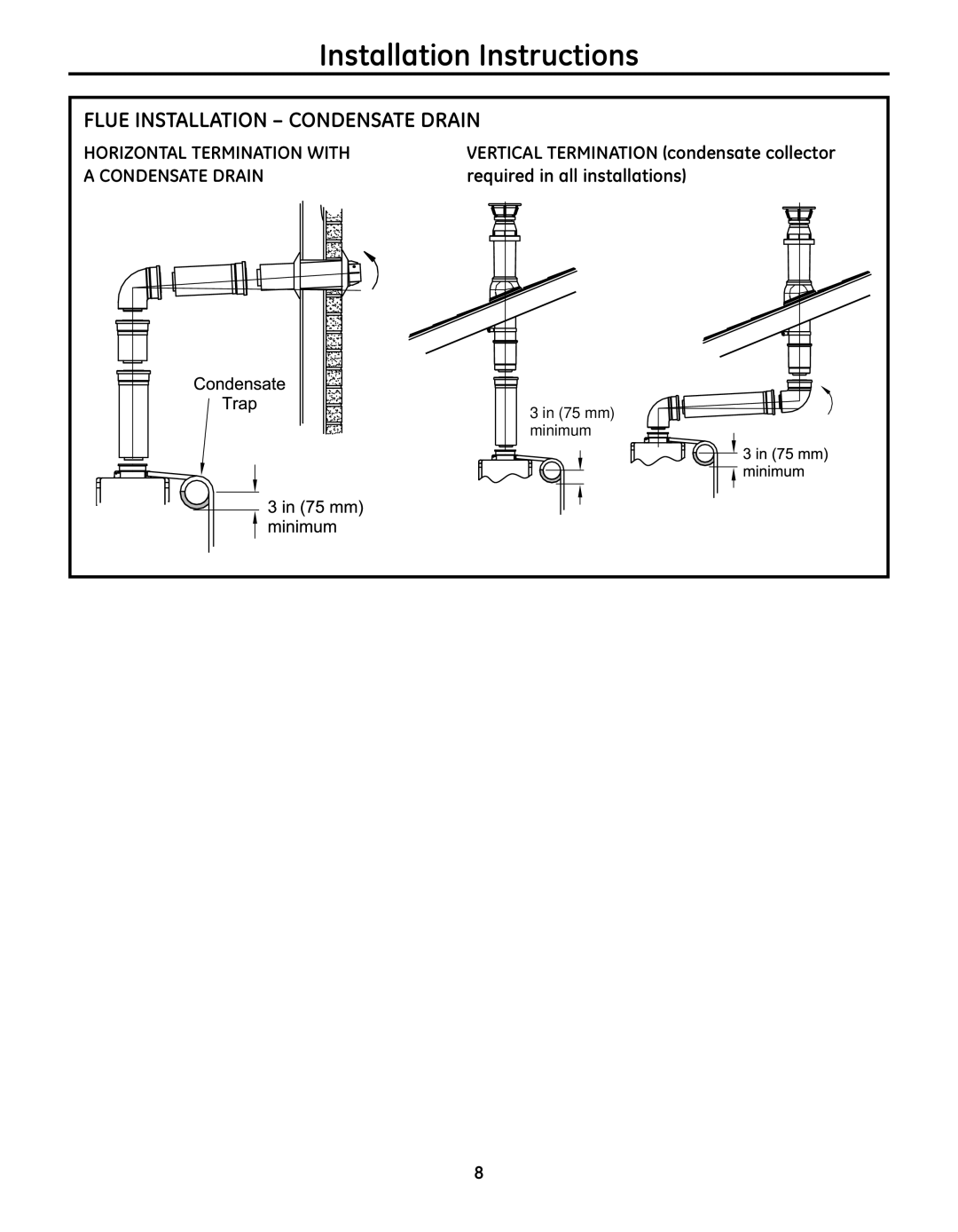 GE GN75DNSRSA, GP94DNSRSA, GN94DNSRSA warranty Flue Installation Condensate Drain, Horizontal Termination with 