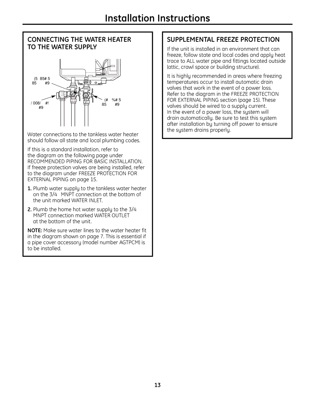 GE GN94ENSRSA, GP94ENSRSA, GN75ENSRSA Supplemental Freeze Protection, Connecting the Water Heater to the Water Supply 